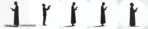 vector silhouette of a Muslim standing in a prayer gesture with raised hands side view
