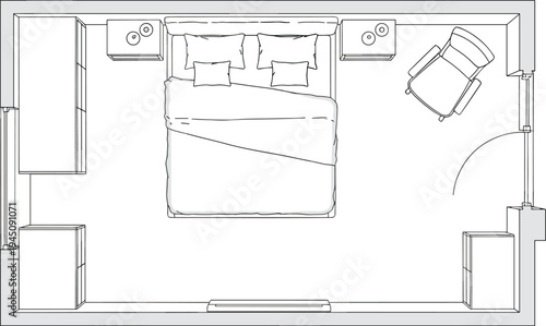 Top view architectural floor plan of modern bedroom with bed, bedside tables and chair furniture layout interior design blueprint technical drawing