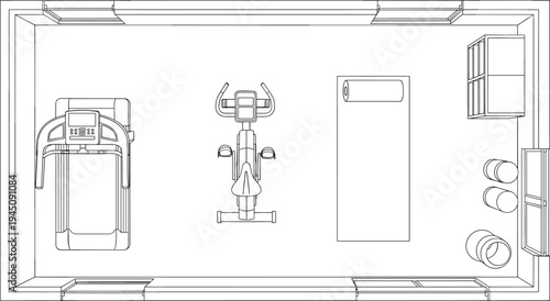 Top view architectural floor plan of modern home gym with treadmill, exercise bike and workout mat fitness room interior layout blueprint drawing