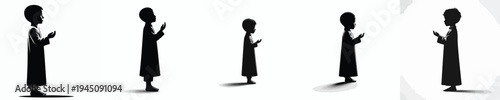 vector silhouette of a little Muslim boy standing in a prayer gesture with raised hands side view