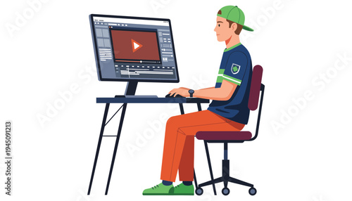 A young man working on a video editing project on his computer