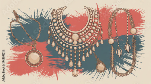 Elegant jewelry set with necklaces and pendants on colorful abstract background