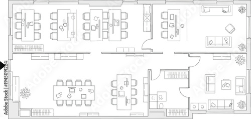 Top view architectural floor plan of modern office workspace with meeting rooms desks furniture layout interior design blueprint technical drawing illustration