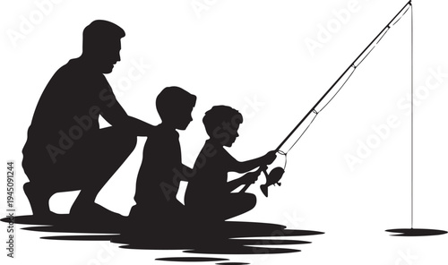 Silhouette of man and two boys fishing together in water