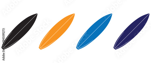 Surfboard Icon Set – Line, Silhouette and Flat Vector Icons for Surfing, Beach and Water Sports Design