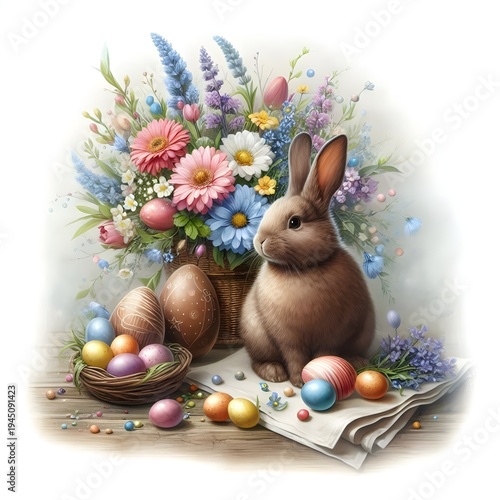 Brown bunny near flower basket and painted eggs on wooden table for Easter holiday celebration.