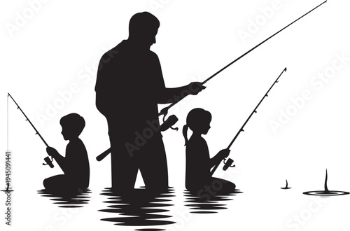 Silhouette of man and two children fishing in water
