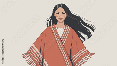 Woman wearing traditional native american orange poncho with fringe and stripes long black hair neutral background