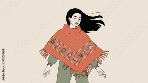 Woman wearing vibrant orange poncho with intricate patterns and tassels standing against beige background with flowing black hair exuding bohemian style