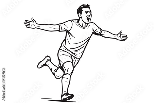 Energetic vector scene of a soccer player scoring and celebrating, running to the sideline with arms spread wide.