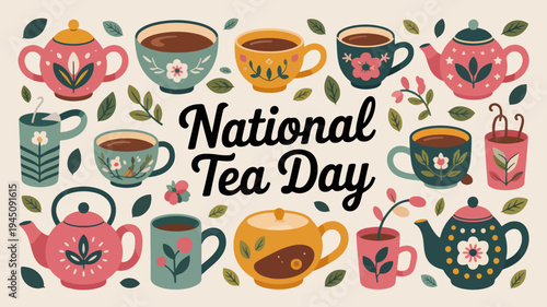 Colorful tea cups and teapots celebrate national tea day with floral patterns on beige background