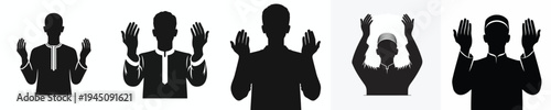 half body vector silhouette of a Muslim man a prayer gesture with raised hand front view