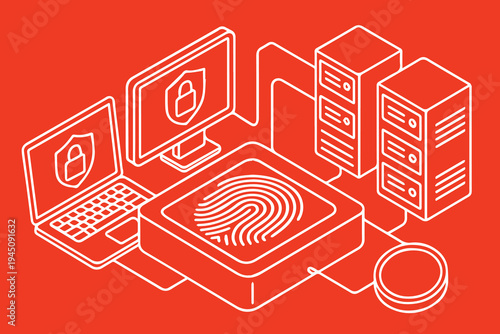 Vector illustration of futuristic cybersecurity using fingerprint identification, with a computer setup and monitor symbolizing secure digital access.