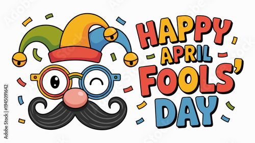 Colorful jester face with happy april fools' day text and confetti on white background