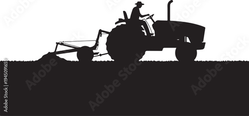 Silhouette of man driving tractor with plow farmer
