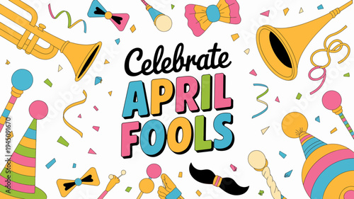 Vibrant april fools' day celebration with colorful party hats confetti and horns on white