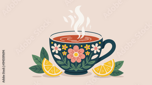 Steaming floral tea cup with lemon slices on a beige background warm beverage concept