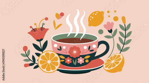 Steaming cup of coffee or tea with flowers lemons on pink background warm beverage