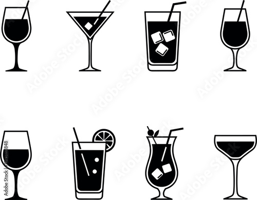 Black Silhouette Cocktail and Wine Glass Icons Set with Various Alcoholic Beverages Vector Illustration Collection