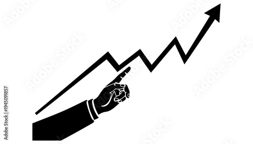 A hand pointing to a rising graph with an arrow indicating growth