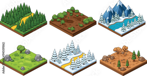Isometric vector illustration of six natural terrains including forest, muddy land, snowy mountains, grassy plains, snowy forest, and dry rocky biome