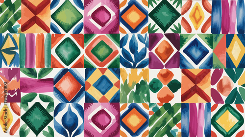Vibrant colorful geometric pattern with diamond shapes and squares in various colors and textures on white background