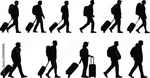 Silhouette collection of diverse travelers with luggage walking in profile view suitcase