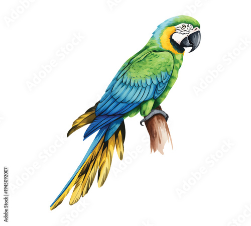 Exotic tropical macaw with vibrant plumage in soft natural watercolor tones.