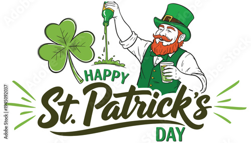 A leprechaun celebrating Happy St. Patrick's Day with a green beer