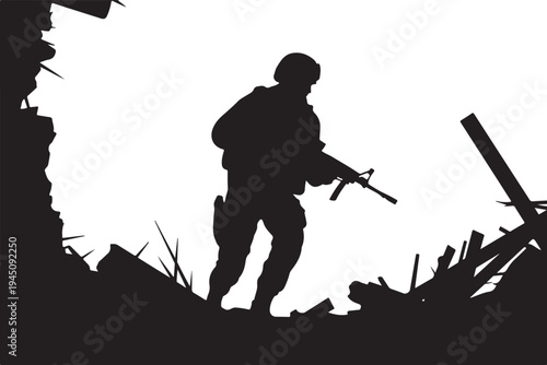 Soldier silhouette holding gun in ruined landscape