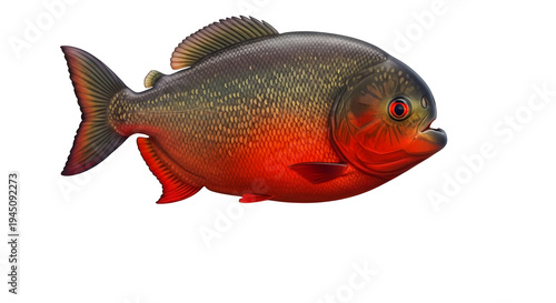 Large red and gray piranha fish swimming alone on a clean white background