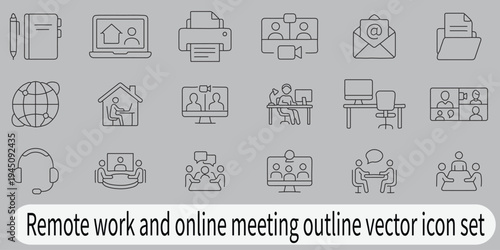 Remote work and online meeting outline vector icon set