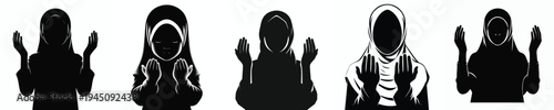 half body vector silhouette of a Muslim little girl a prayer gesture with raised hand front view