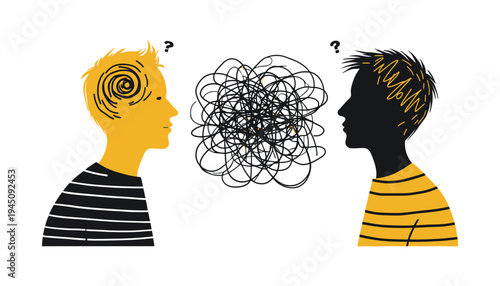 Confused people with question marks and scribbled thoughts in their heads