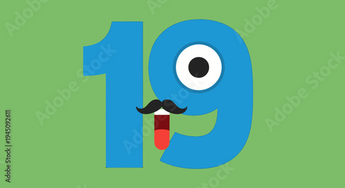 Fun Number 19 With Face and Mustache