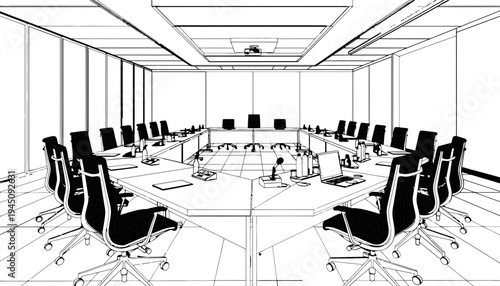 A large conference room with a long table and many chairs