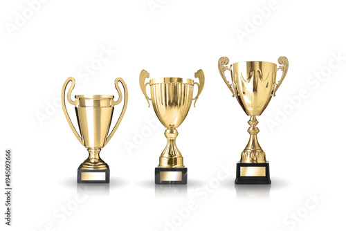 Three golden trophy cups collection isolated on white background, awards