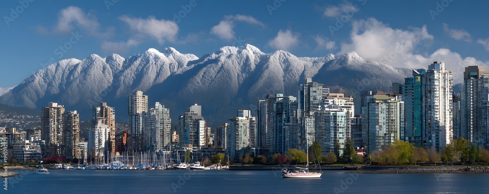 Obraz premium Vancouver harbor skyline with mountain backdrop