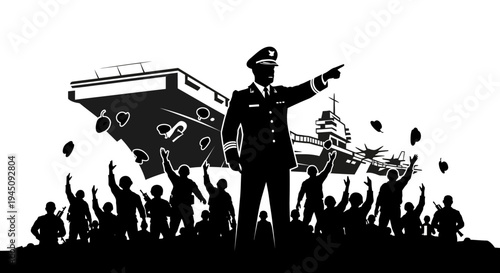 Naval Commander Leads Crew With Aircraft Carrier Background