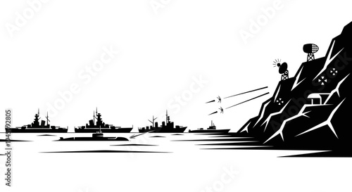 Naval fleet and submarine under attack from coastal defense system on rocky shore