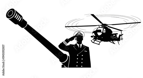 Naval Officer Saluting Beside Ship Cannon with Helicopter Flying Overhead