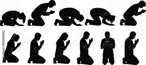 People, praying, silhouette, set, kneeling, prayer, worship, religion, faith, meditation, spiritual, man, woman, vector, illustration, black, collection, devotion, pose, icon