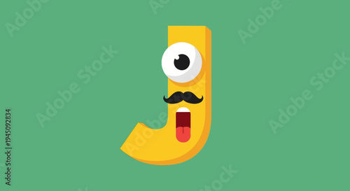 Funny Yellow Letter J Character with Mustache and Eye