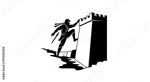Ninja climbing castle wall at night, stealthy infiltration, ancient warrior silhouette