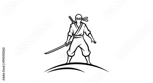 Ninja warrior with katana sword standing on hill, black and white illustration