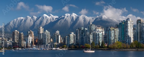 Vancouver harbor skyline with mountain backdrop