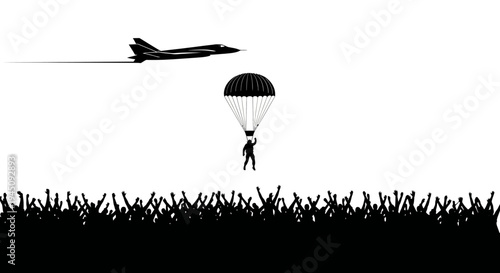 Parachutist Jumps From Plane Above Cheering Crowd Silhouette