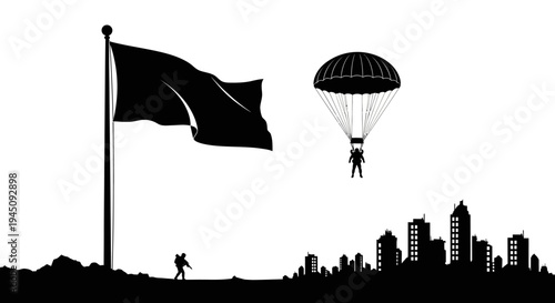 Paratrooper descending over city skyline with flag and soldier silhouette