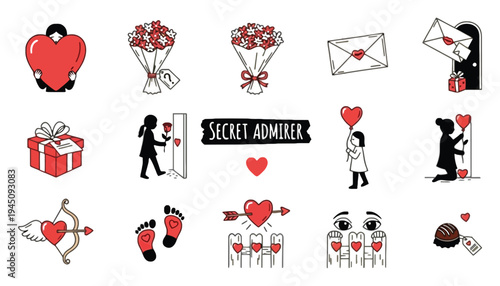 Heart sticker set with secret admirer theme and romantic illustrations