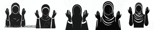 half body vector silhouette of a Muslim woman a prayer gesture with raised hand front view